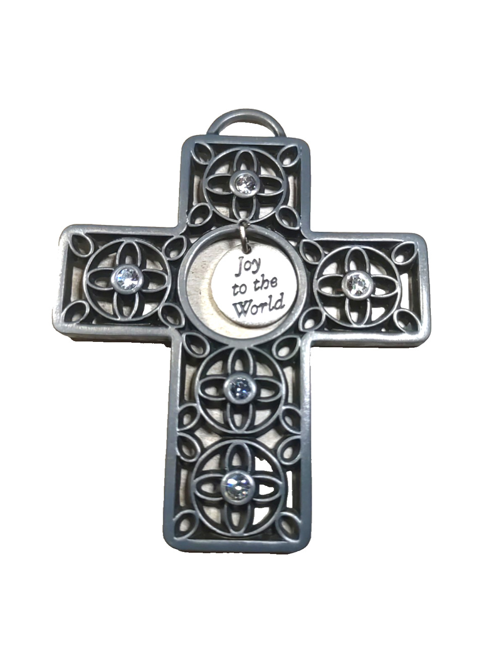 Joy To the World Cross Ornaments Camco Pewter Color Rhinestone